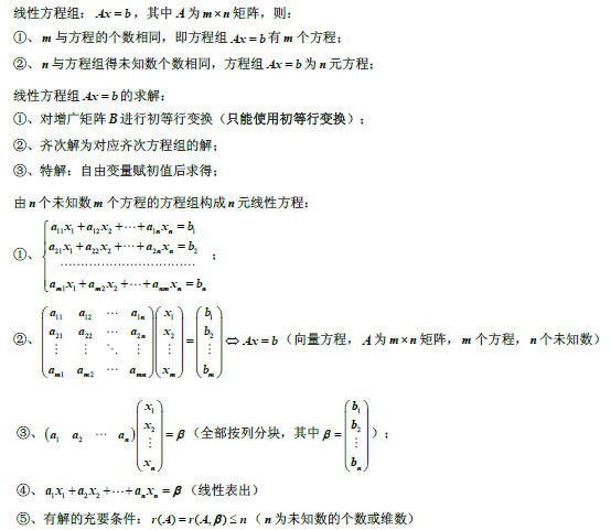 2019考研數學線性代數公式：線性方程組